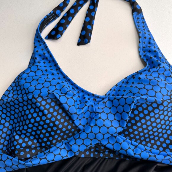 Blue & Black Halter Neck Polka Dot Swim Dress Cover-Up 2XL Beachwear Slimming - Picture 9 of 9